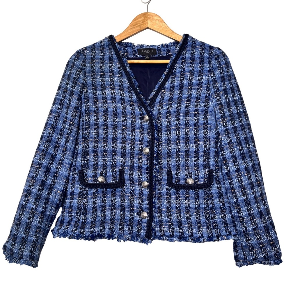 Talbots Petite Blue Tweed Plaid Blazer Jacket Braided‎ Trim Crest Buttons 6P